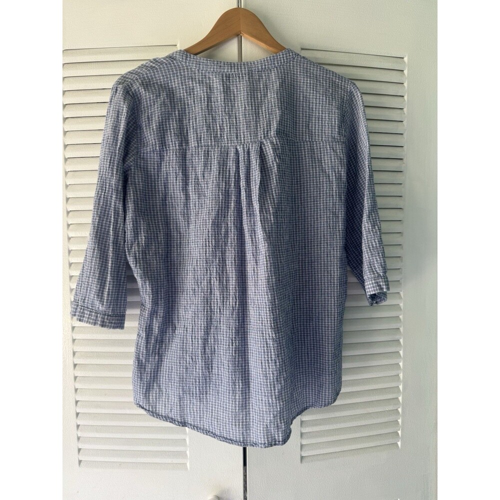 Renuar Blue Gingham Cotton Gauze Blouse Roll Tab High Low Sheer Top Medium - Picture 8 of 9